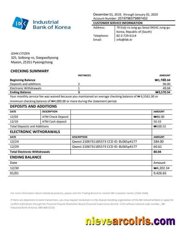 South Korea Industrial Bank of Korea bank statement in Word and PDF format